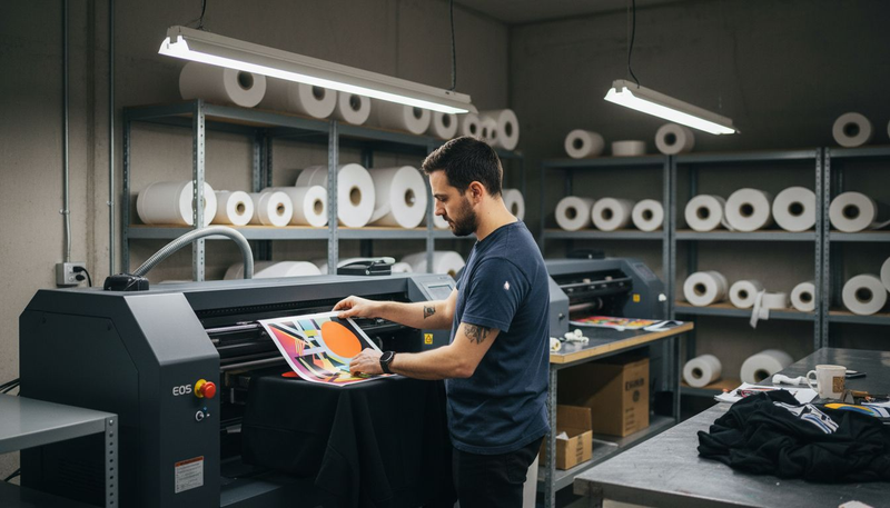 Apparel technician operating direct-to-film printer