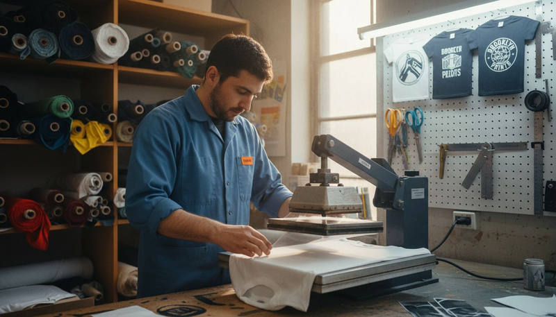 Technician places transfer film on t-shirt