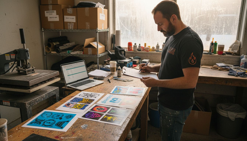 Small business owner compares DTF printing samples