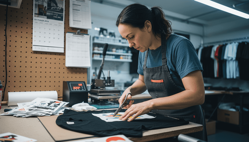 DTF printing technician preparing apparel in studio