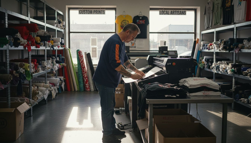 Technician operates DTF printer in textile shop