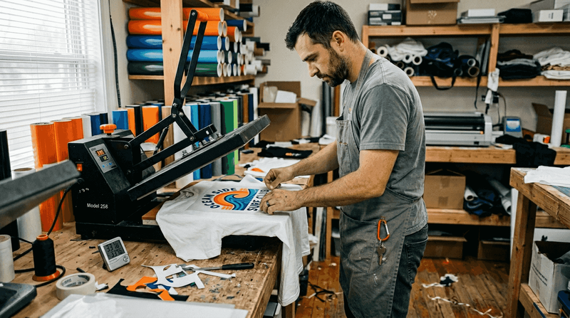 Technician aligning vinyl design on T-shirt