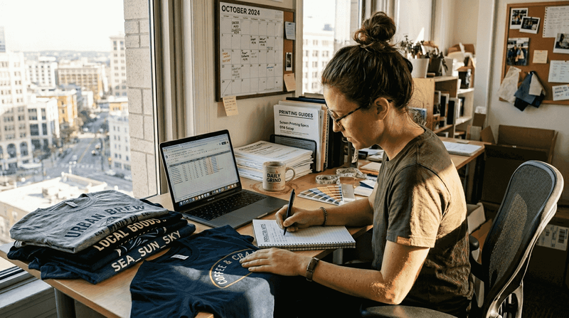 Small business owner reviewing t-shirt samples