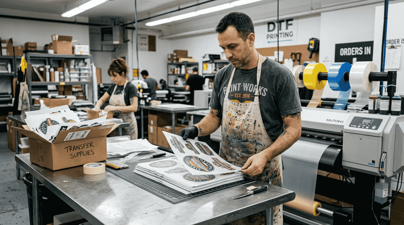 Print shop owner checking DTF transfer prints