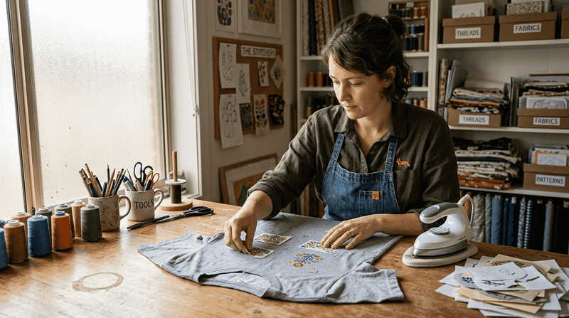 Small embroidery studio with pattern transfers