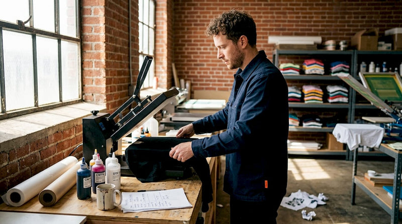 Apparel entrepreneur using DTF printer in workshop