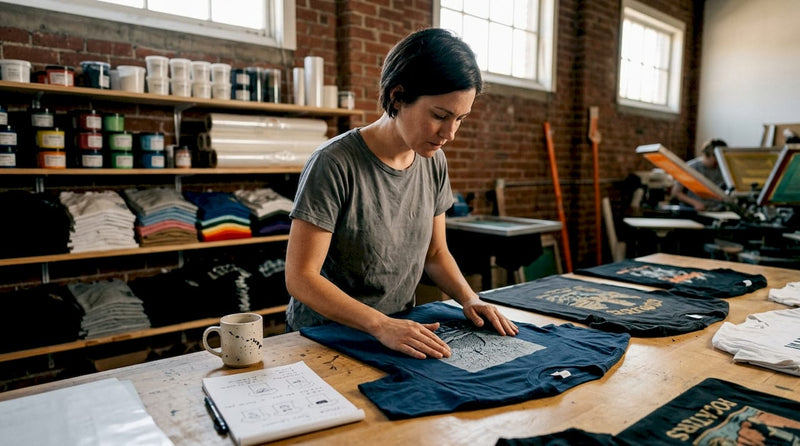 Designer inspecting printed shirts in studio