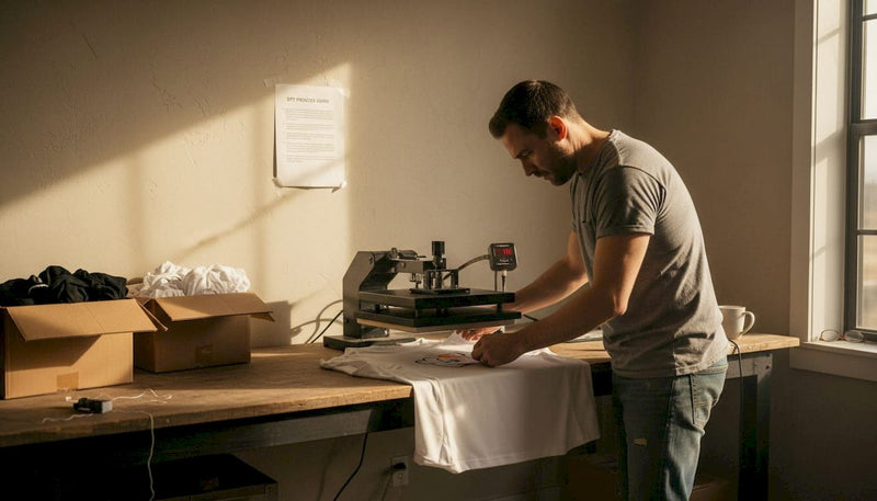 Man preparing DTF transfer in bright studio