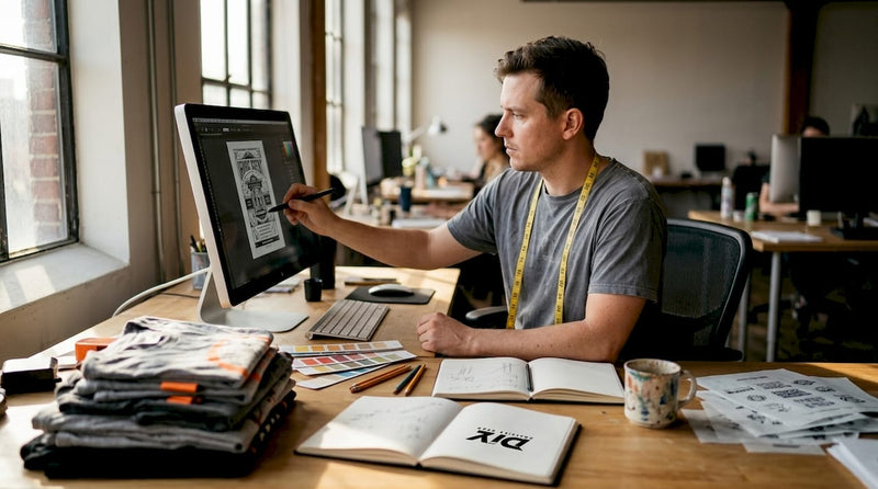 Designer preparing DTF artwork at drafting table