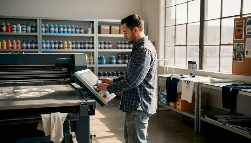 Print technician at garment printing studio