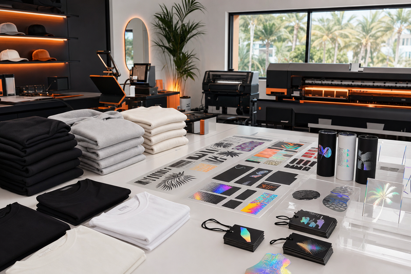 Clothing brand workspace with DTF gang sheets shirts hoodies UV packaging decals and tumblers