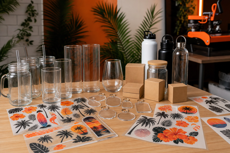 UV transfers for DIY event favors with glass cups tumblers acrylic tags packaging jars and water bottles