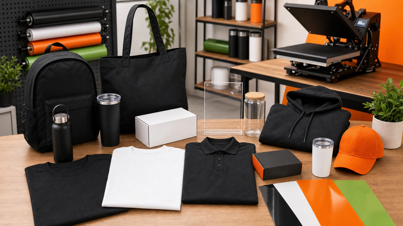 Photorealistic DIY Printz community outreach kit with blank volunteer apparel bags bottles boxes acrylic sign and DTF UV transfer sheets