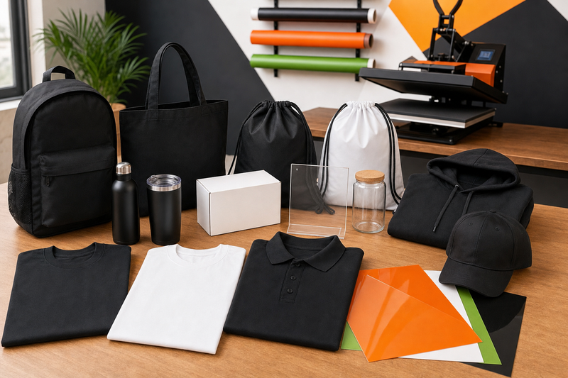 Photorealistic DIY Printz customer thank you gift kit with blank apparel bags drinkware boxes acrylic display and DTF UV transfer sheets