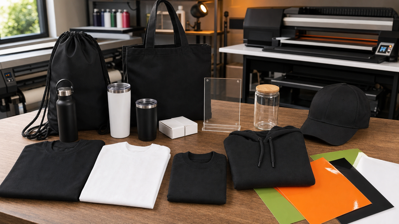 Family reunion and birthday party kit with blank shirts hoodie cap bags drinkware acrylic sign boxes and DTF UV transfer sheets in a DIY Printz shop