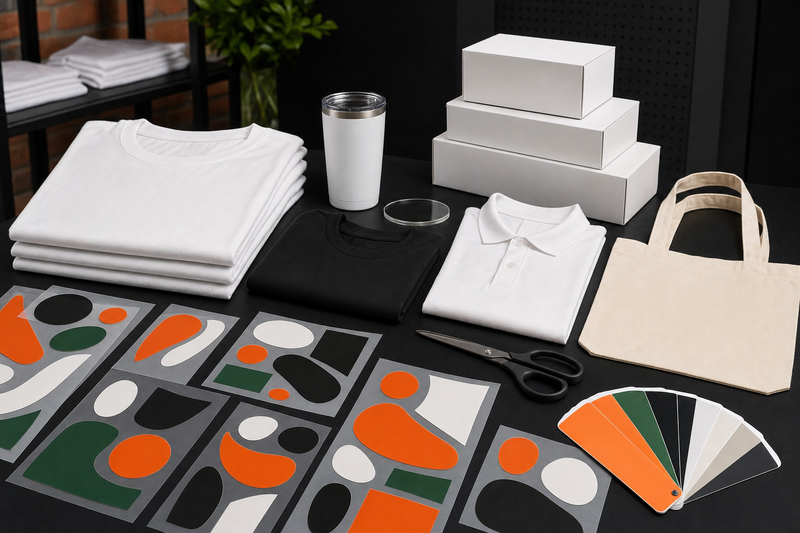 Blank apparel hard goods and organized DTF and UV transfer sheets for gang sheet planning