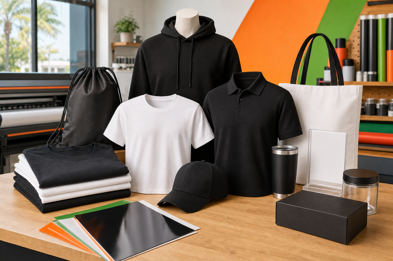 Blank shirts polo hoodie cap bags tumbler acrylic sign box and jar arranged as a grand opening DTF and UV transfer kit