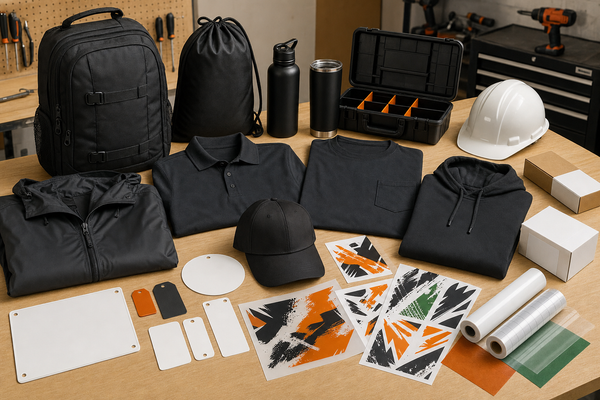HVAC and electrical contractor jobsite kit with blank work polos caps jackets bags bottles hard hat tool tags labels signs and DTF UV transfer sheets