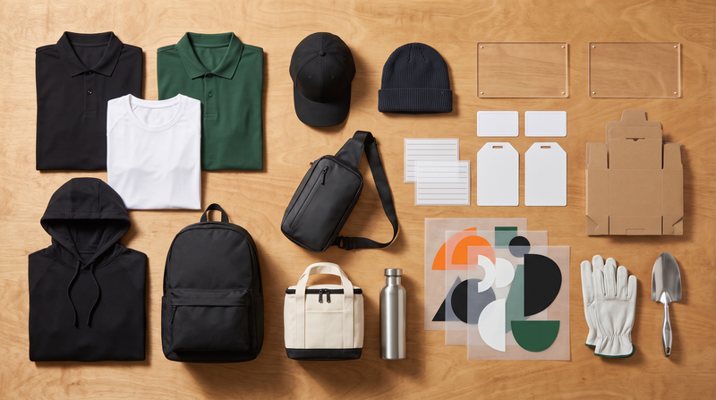 Landscaping crew kit with blank polos performance tee hoodie caps beanie bags bottle acrylic panels gloves trowel and DTF UV transfer sheets