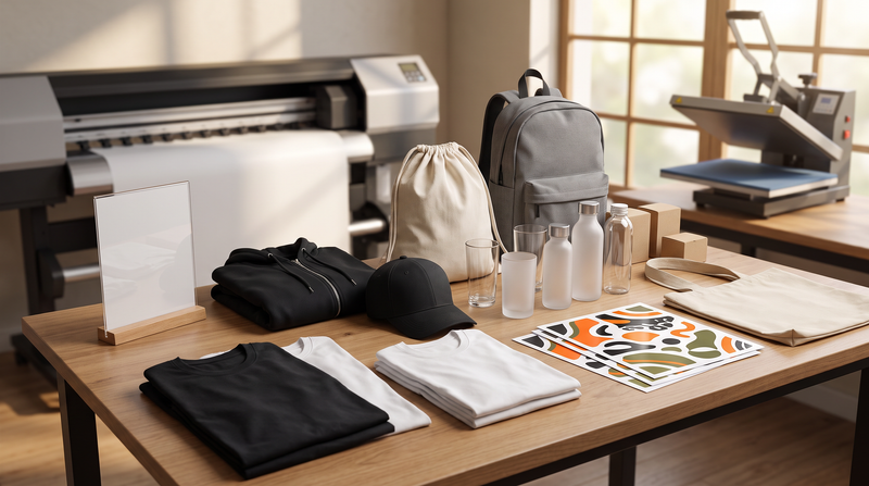 Pop-up market vendor kit with blank shirts hoodie cap bags drinkware packaging acrylic sign and DTF UV transfer sheets in a DIY Printz shop