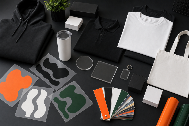Blank apparel hard goods and transfer film for pricing DTF and UV transfer products with DIY Printz brand colors