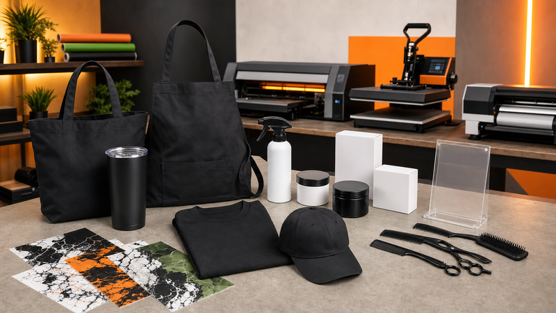 Photorealistic DIY Printz salon and barbershop kit with blank apparel apron cap bottles jars boxes acrylic display and transfer sheets
