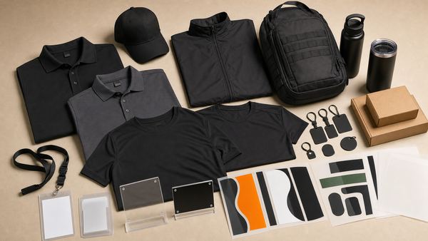 Security company and event staff kit with blank polos cap jacket backpack badges signs bottles tumbler boxes equipment tags and DTF UV transfer sheets
