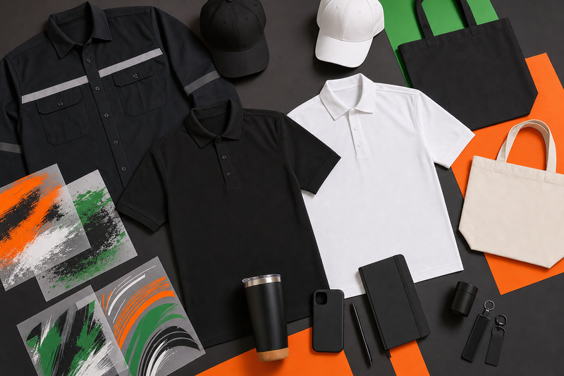 Blank service business uniforms caps bags and hard goods with DTF and UV transfer sheets in DIY Printz brand colors