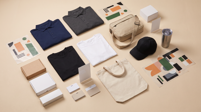 Trade show booth kit with blank polos tees cap booth bags tumbler acrylic display pieces sample boxes and DTF UV transfer sheets