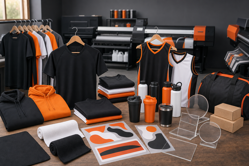 Fitness studio and sports team merch bundle with DTF apparel UV water bottles tumblers packaging and acrylic displays