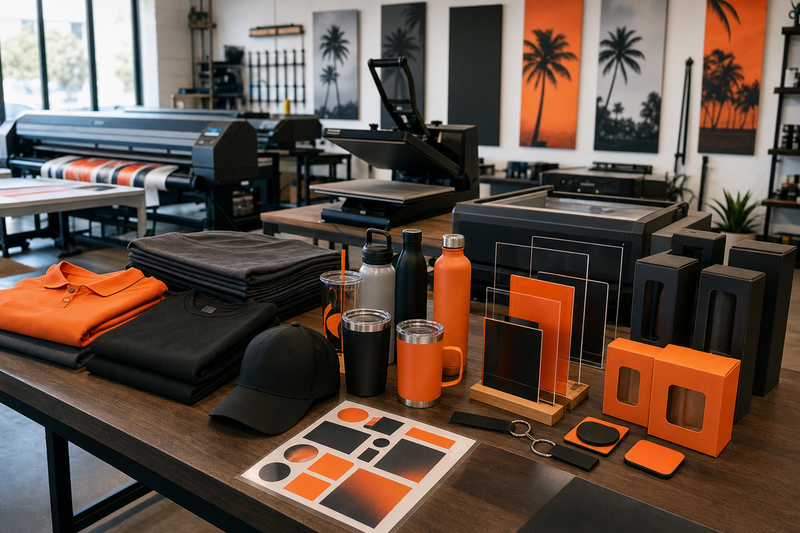 Print shop local business merch bundle with DTF apparel UV tumblers acrylic displays and packaging