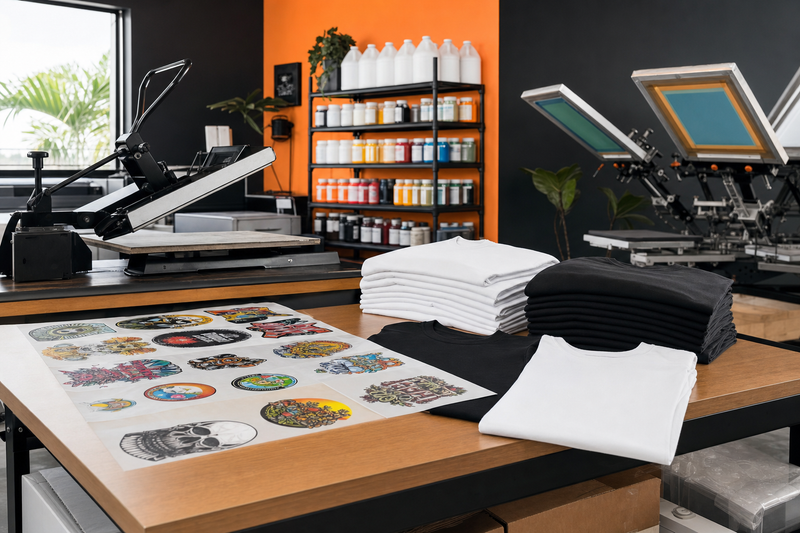 Same day DTF transfer gang sheets and blank shirts for screen printers in a Broward County print shop