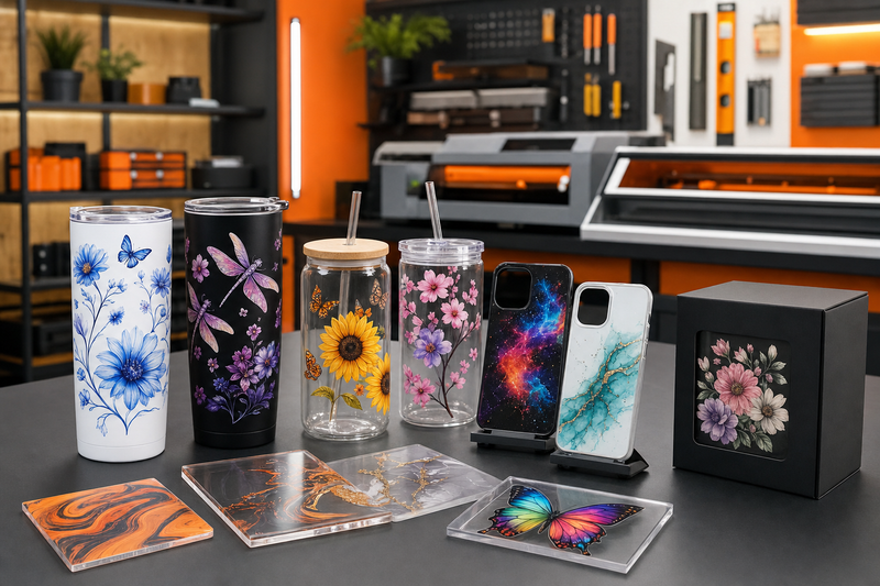 UV transfers applied to tumblers cups packaging phone cases and acrylic products