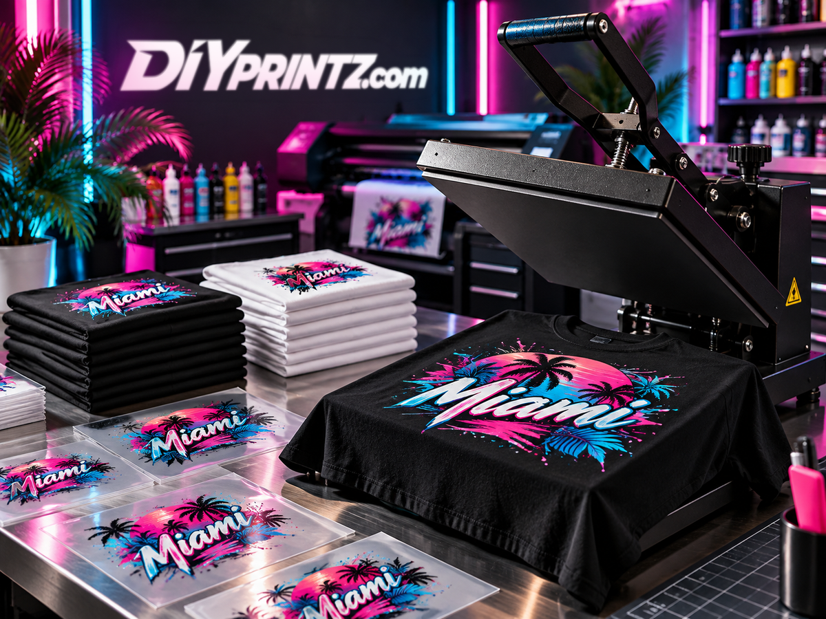 Open heat press with a graphic transfer on a black T-shirt and stacks of black and white shirts.