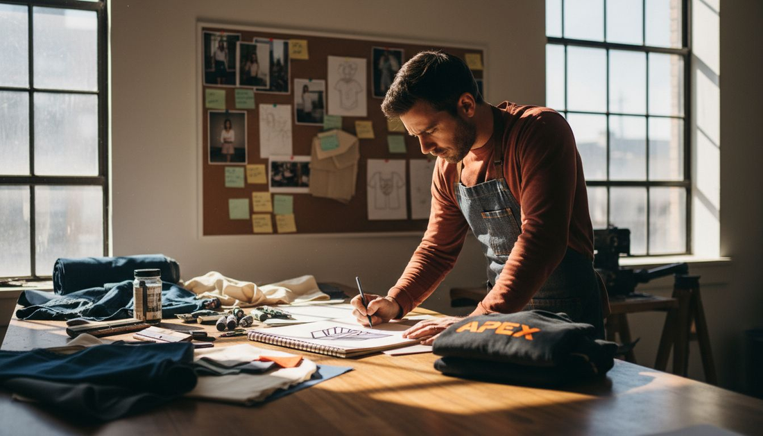 Designer sketching branded apparel concepts