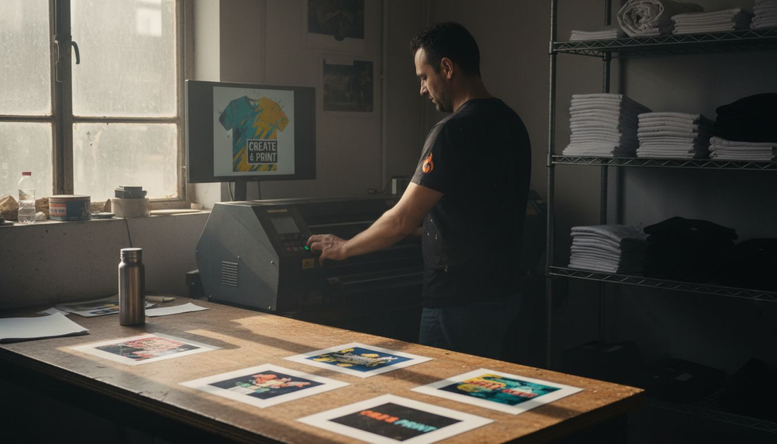 Technician printing apparel with DTF transfer machine