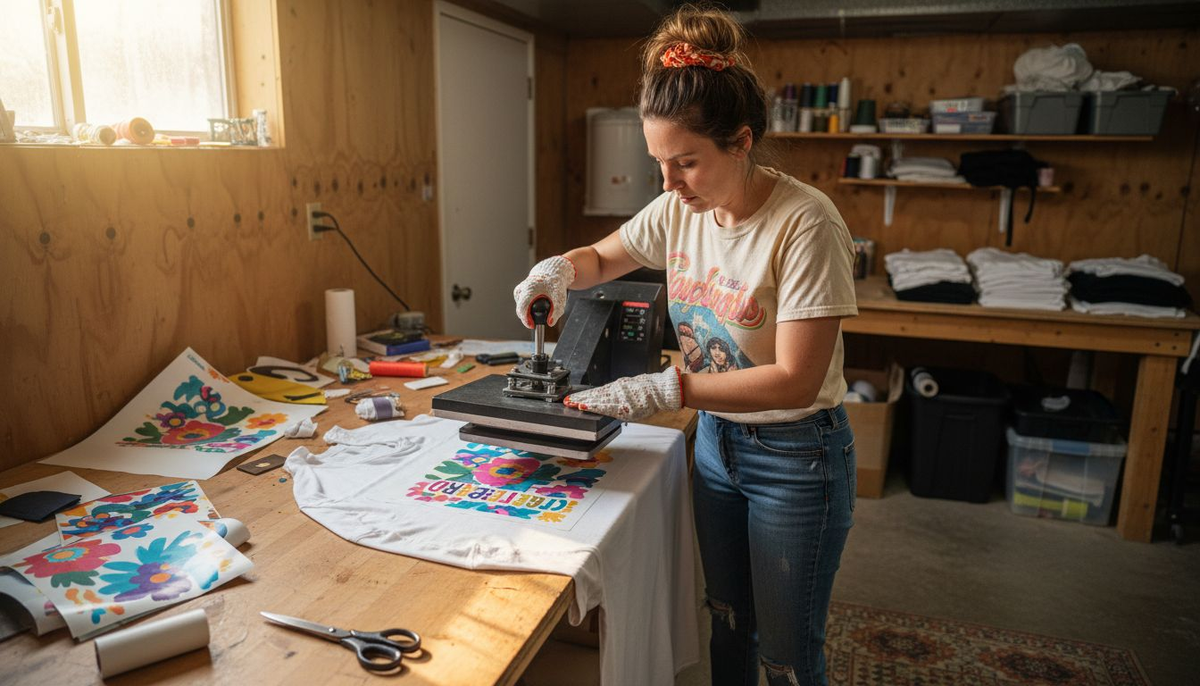 Woman DIY printing t-shirt in basement studio