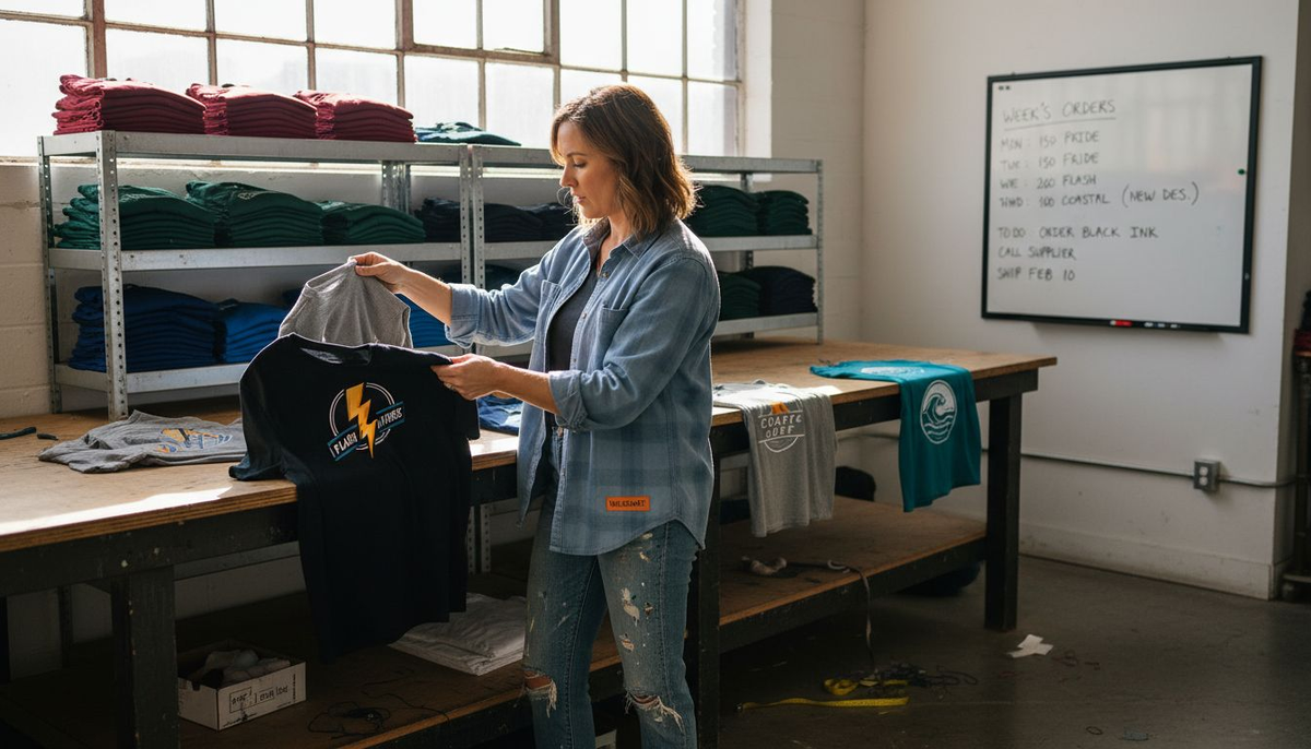 Small business owner inspects printed shirts