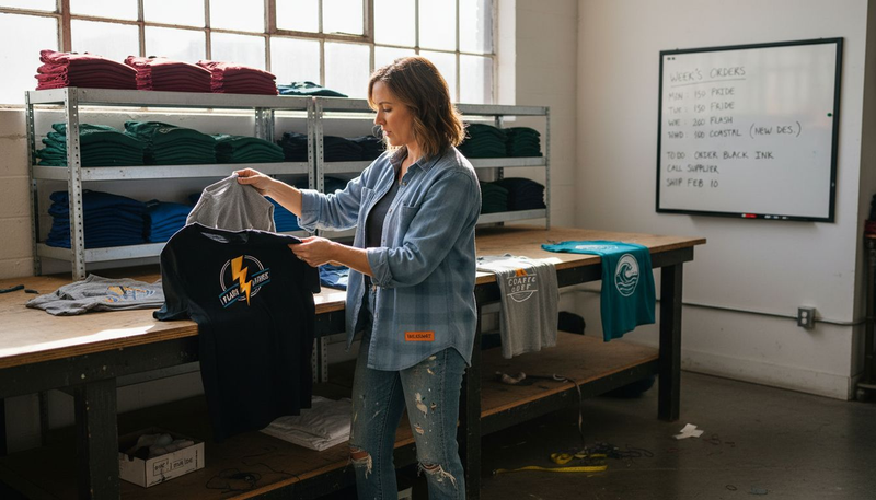 Small business owner inspects printed shirts