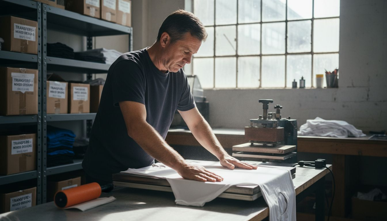 Technician prepping garment in dtf workshop