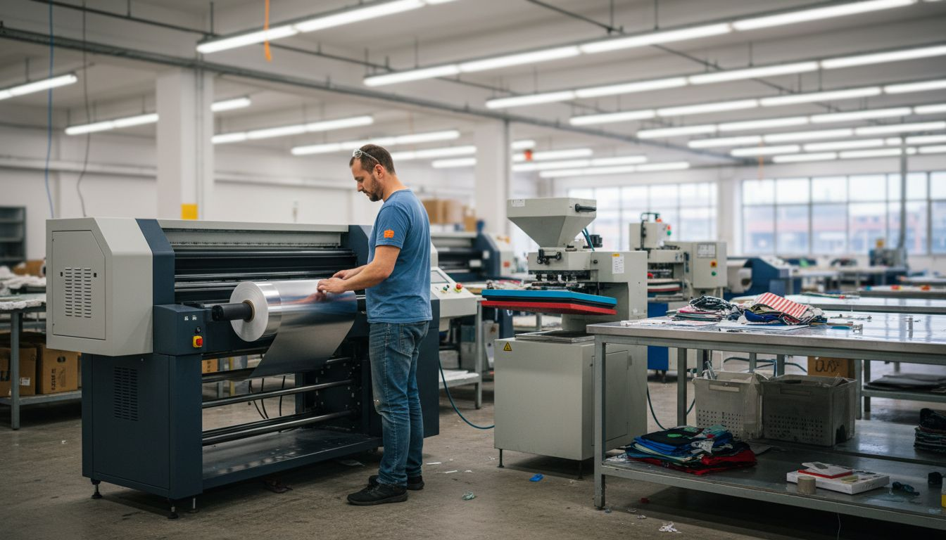 Technician loading DTF printer in apparel workshop