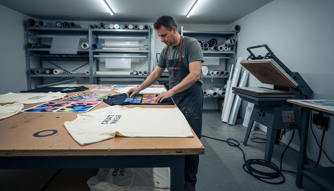 Apparel designer arranging DTF transfer sheets in print studio