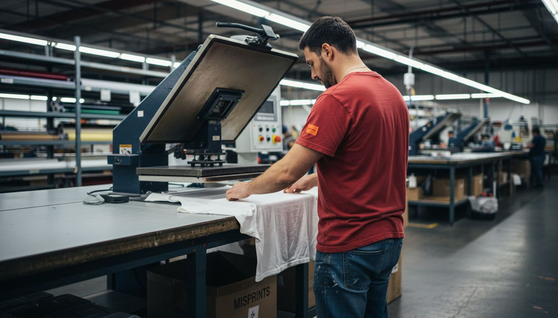 Technician aligning transfer film on apparel
