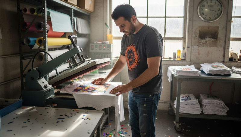 Worker using heat press for apparel printing