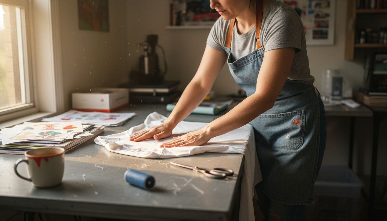 Person preparing apparel at cluttered worktable