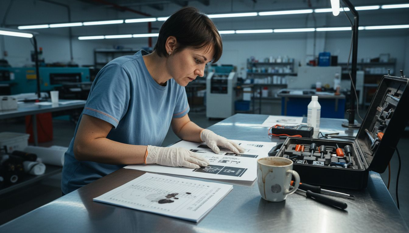 Technician inspecting defective DTF transfer sheet