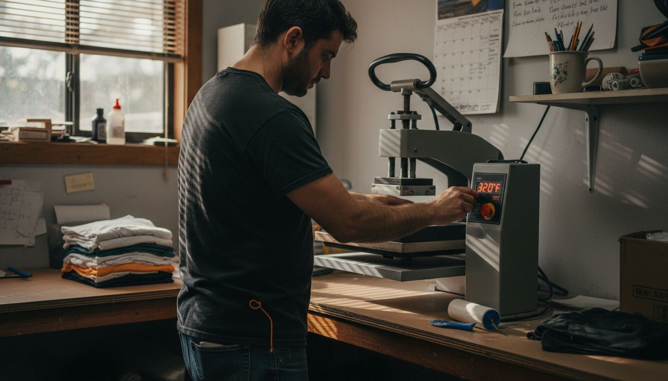 Garment worker prepping heat press station