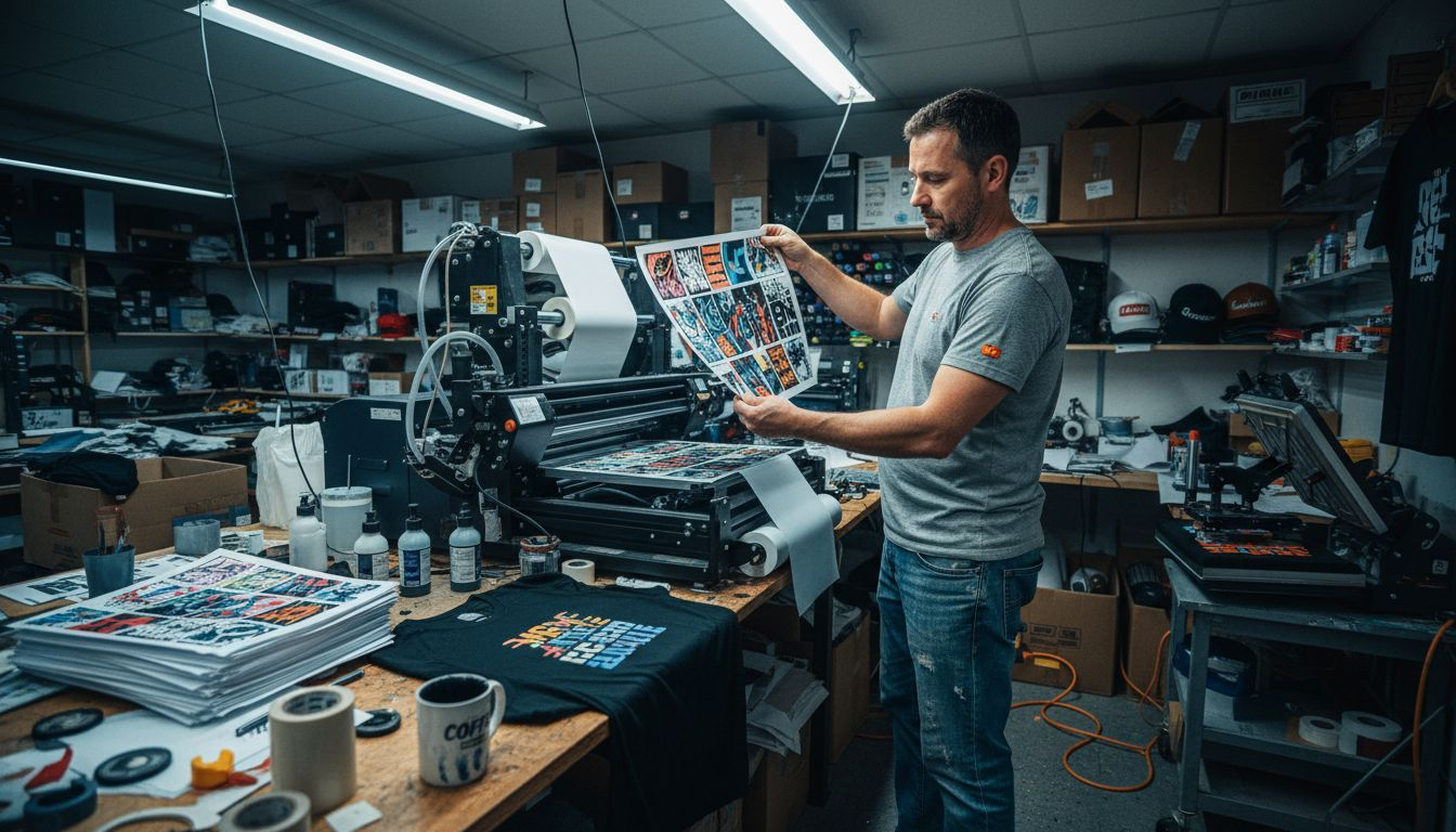 Print shop owner working with dtf transfers