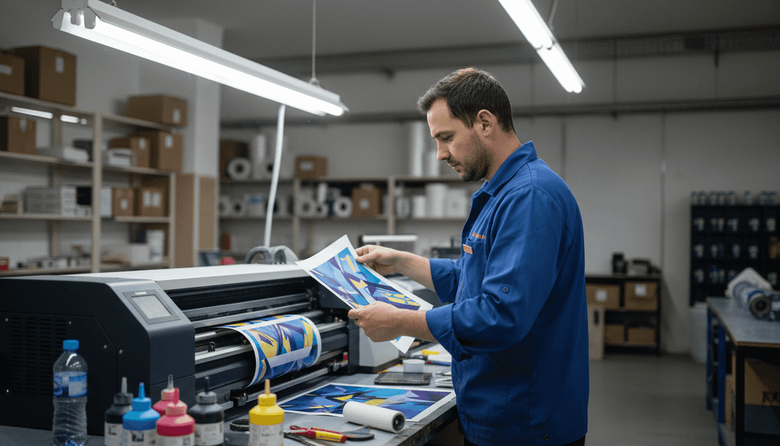 Technician operating DTF printer in print shop