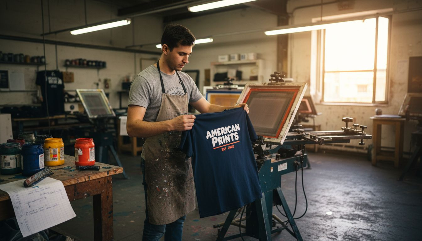 Screen printer checks shirts at busy workstation